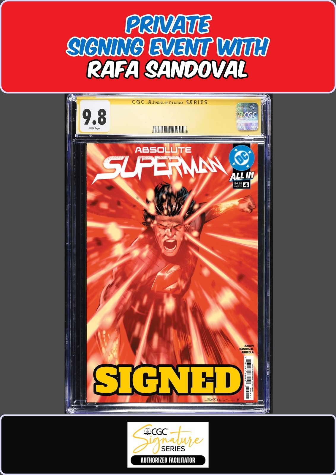 ABSOLUTE SUPERMAN #4 MAIN COVER CGC SS 9.8 RAFA SANDOVAL PRIVATE SIGNING PRESALE