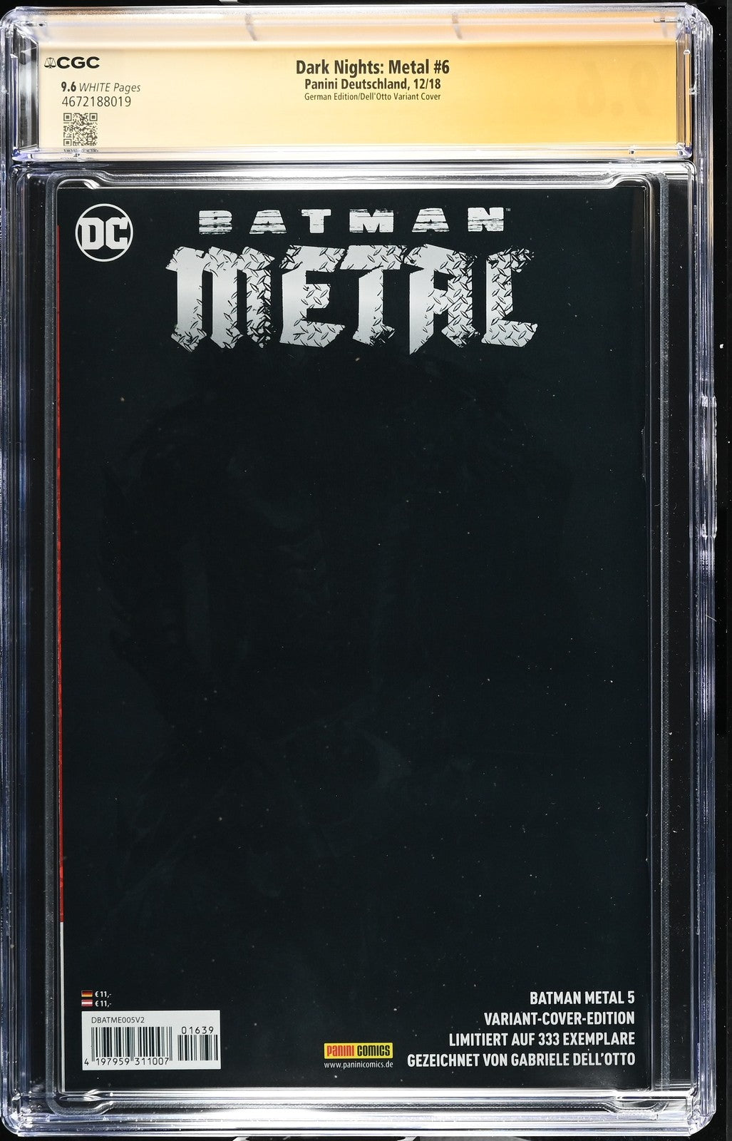 DARK NIGHTS METAL #5 PANINI 2018 GABRIELE DELL'OTTO SIGNED/REMARQUED CGC SS 9.6