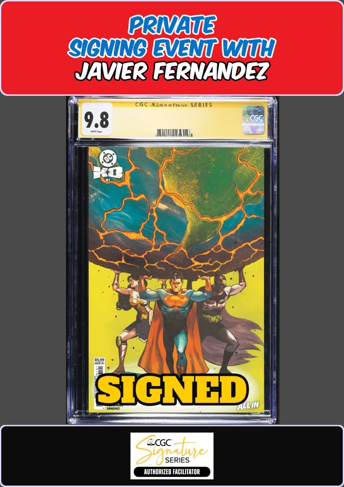 DC K.O. #1 DEL MUNDO CGC SS 9.8 JAVIER FERNANDEZ SIGNED PRIVATE SIGNING PRESALE