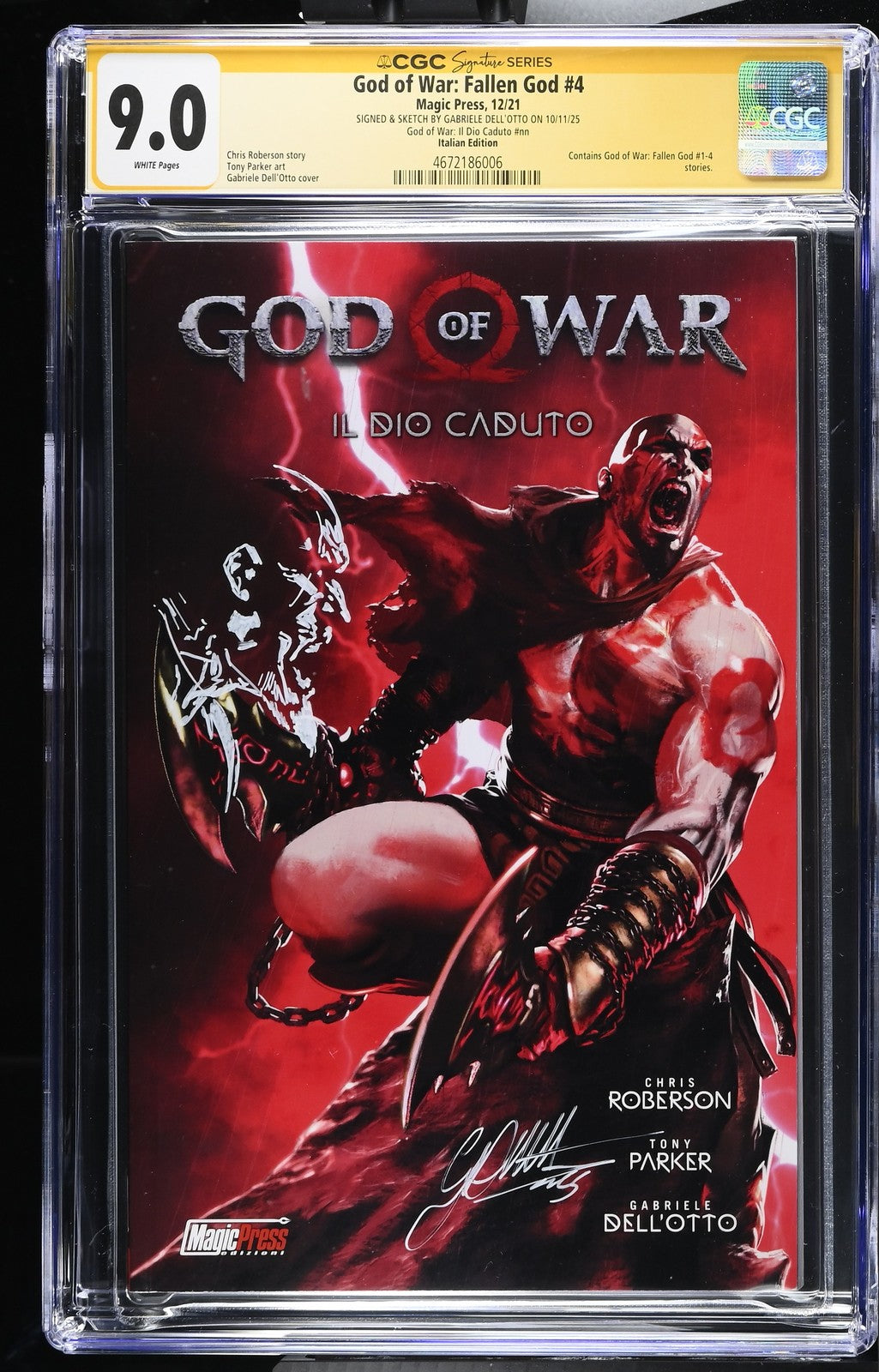 GOD OF WAR FALLEN GOD #4 2021 GABRIELE DELL'OTTO SIGNED & REMARQUED CGC SS 9.0