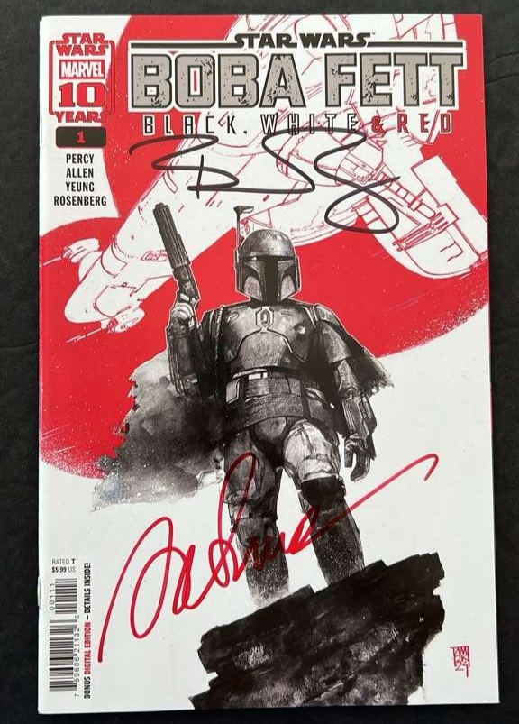 BOBA FETT BLACK WHITE RED #1 MARVEL 2025 SIGNED 2X BEN PERCY/ALEX MALEEV COA NM