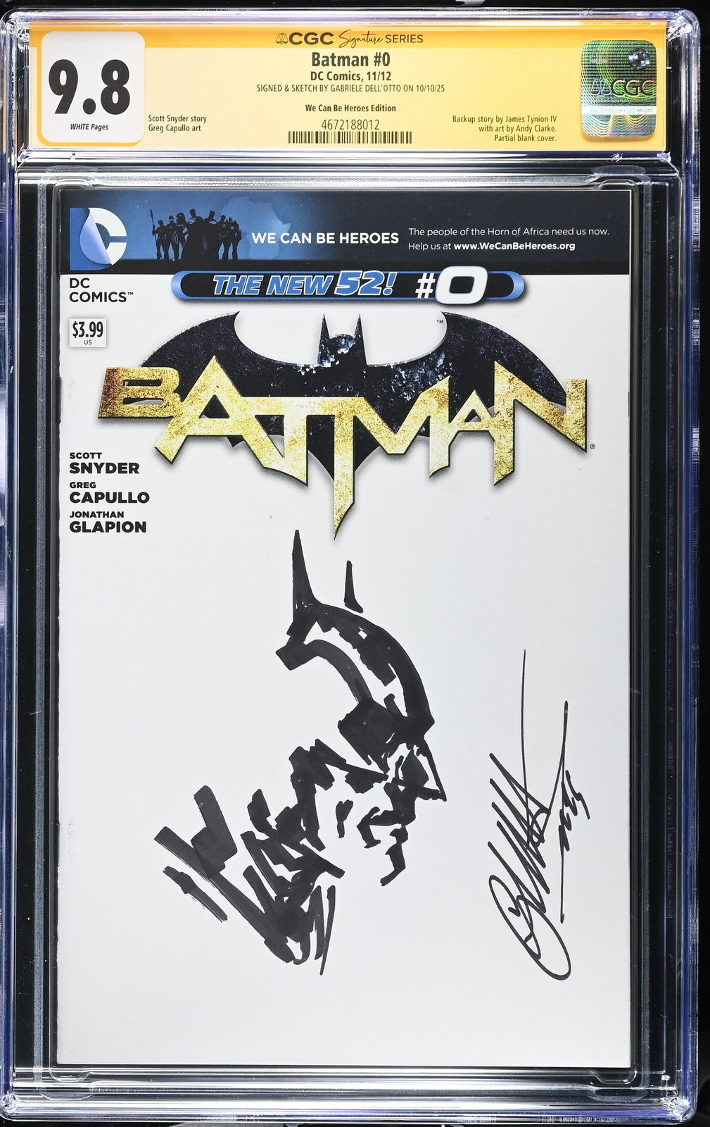 BATMAN #0 DC COMICS 2012 BLANK GABRIELE DELL'OTTO SIGNED/SKETCHED CGC SS 9.8