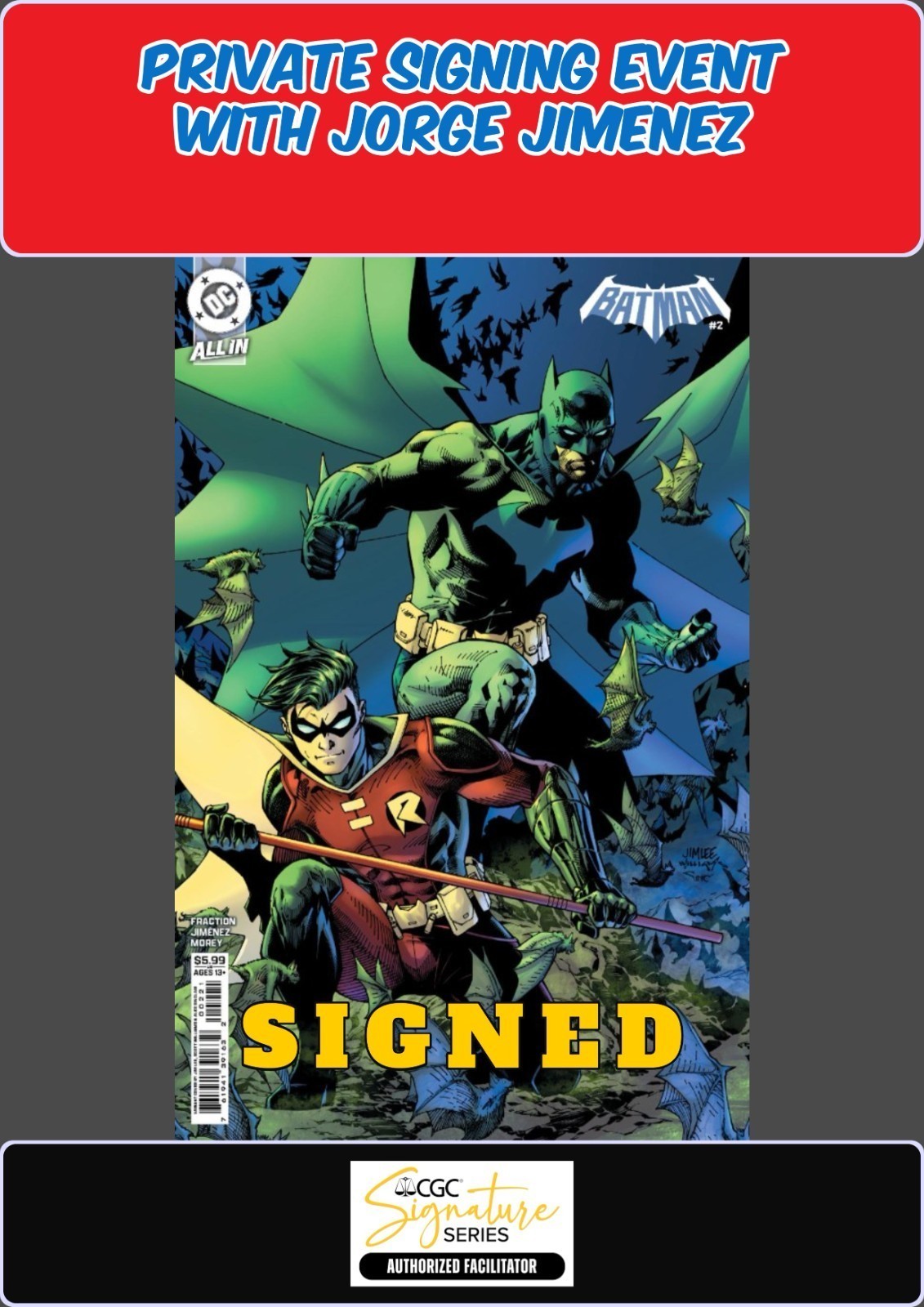 BATMAN #2 JIM LEE RAW JORGE JIMENEZ SIGNED W/COA PRIVATE SIGNING PRESALE NM