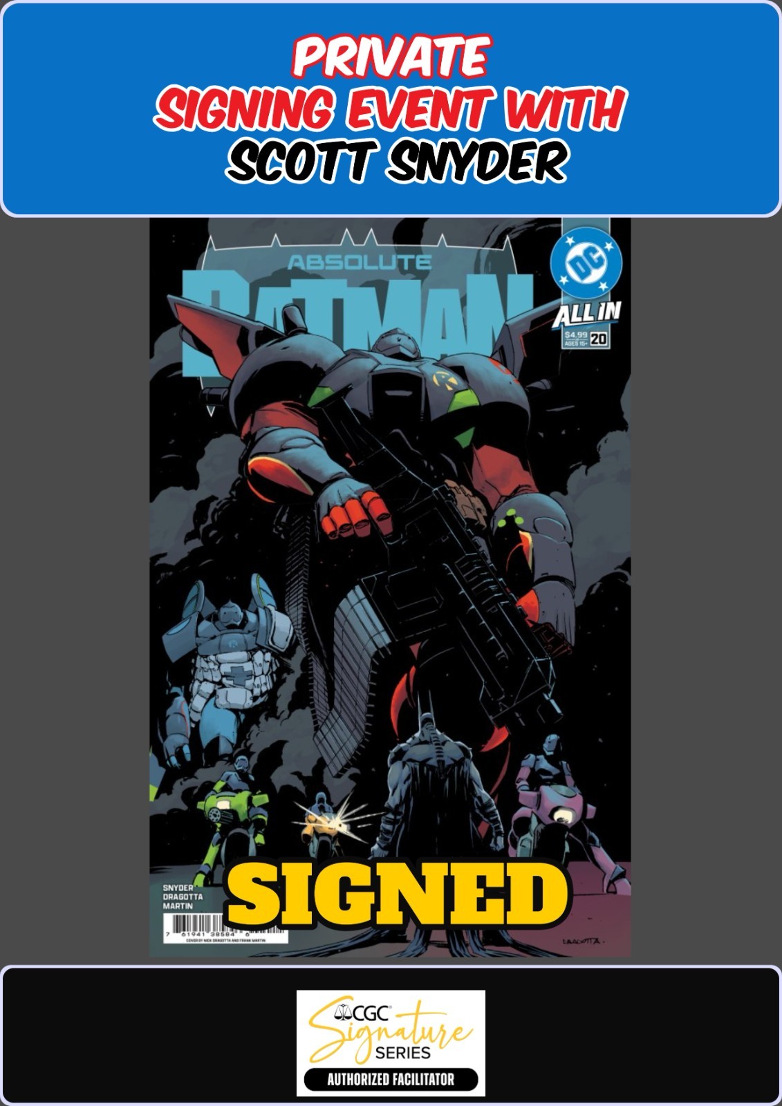 ABSOLUTE BATMAN #20 NICK DRAGOTTA RAW SCOTT SNYDER  SIGNING PRESALE NM/COA