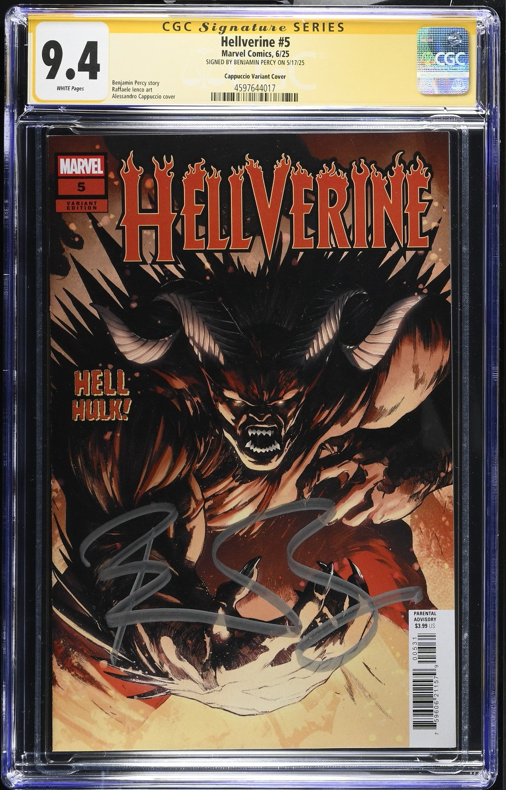 HELLVERINE #5 MARVEL 2025 CAPPUCCIO VARIANT SIGNED BEN PERCY CGC SS 9.4 NM