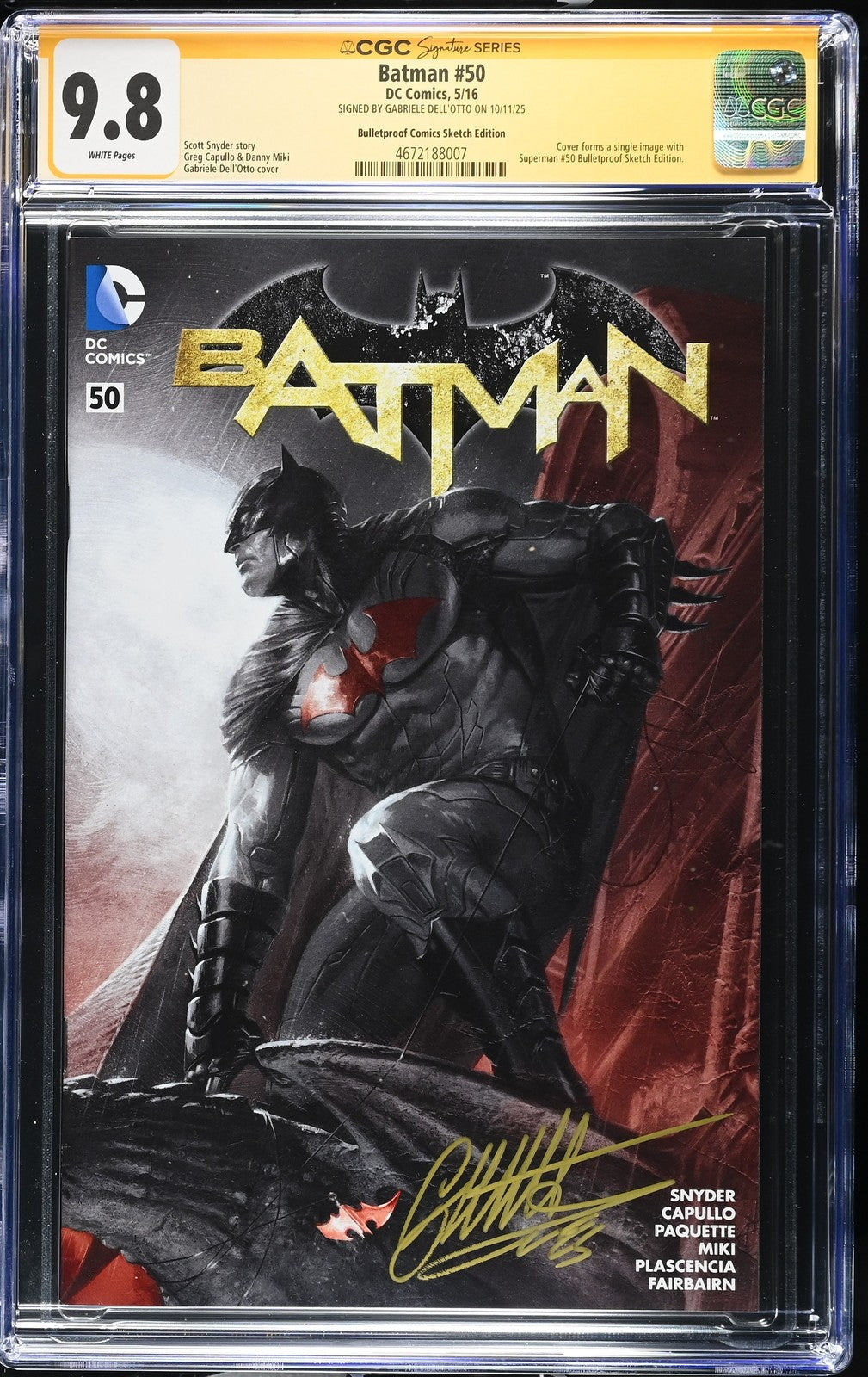 BATMAN #50 DC 2022 BULLETPROOF EXCLUSIVE GABRIELE DELL'OTTO SIGNED CGC SS 9.8 NM
