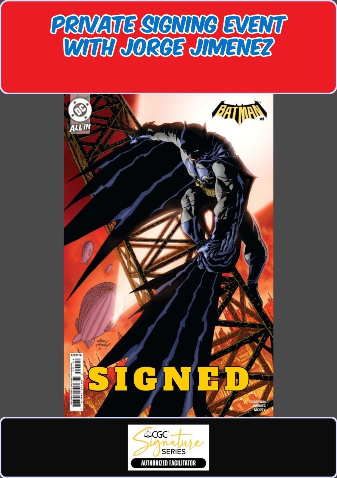 BATMAN #1 1:25 KUBERT RAW JORGE JIMENEZ SIGNED W/COA PRIVATE SIGNING PRESALE NM