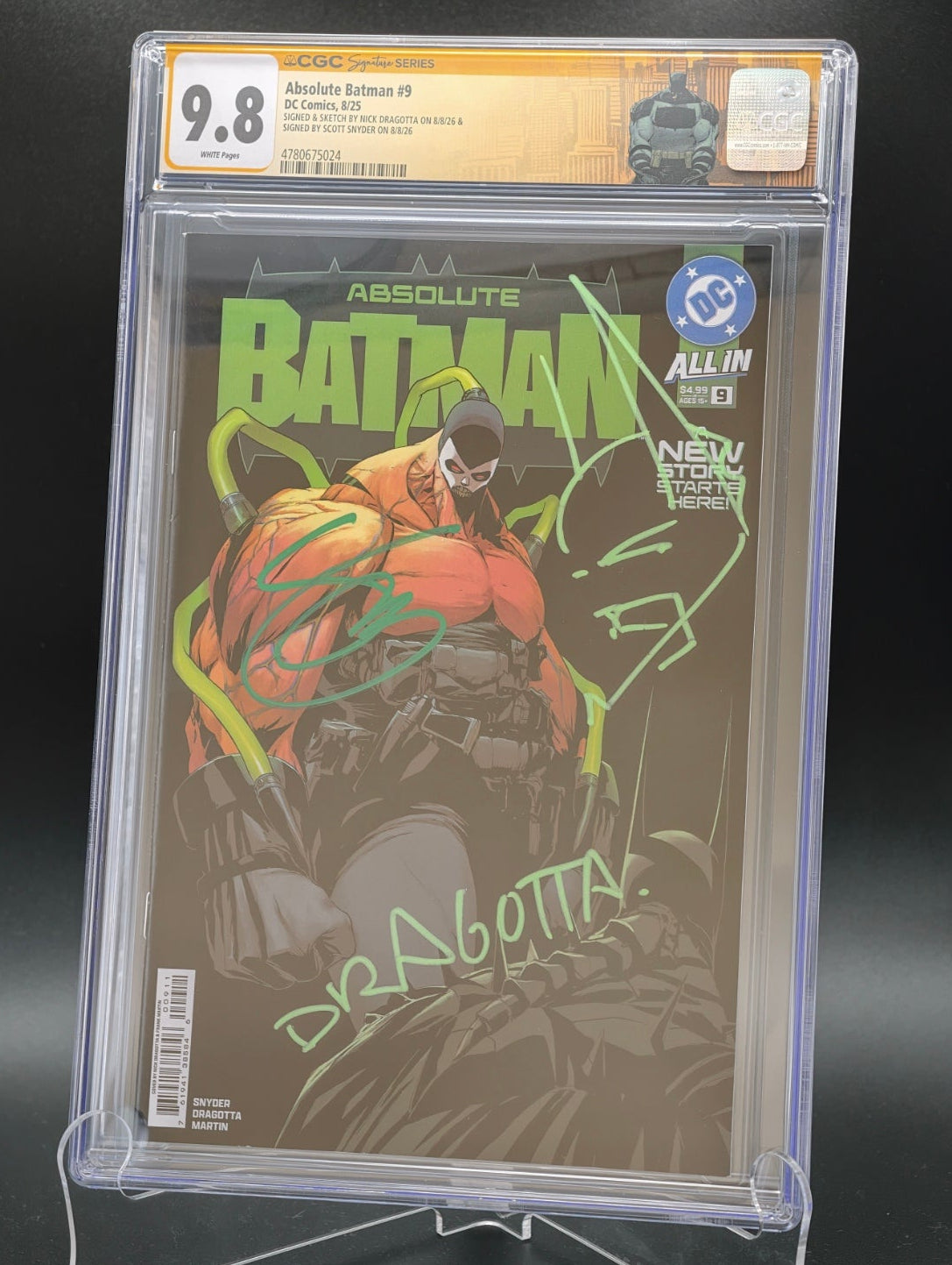 ABSOLUTE BATMAN #9 COVER A 1ST PRINT SIGNED BY SCOTT SNYDER & NICK DRAGOTTA CGC SS 9.8 GREEN/GREEN CUSTOM LABEL AND REMARQUED!